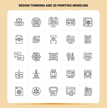 OutLine 25 Design Thinking And 3d Printing Modeling Icon set Vector Line Style Design Black Icons Set Linear pictogram pack Web and Mobile Business ideas design Vector Illustration