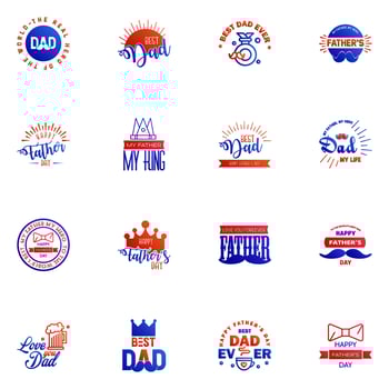 Fathers Day Lettering 16 Blue and red Calligraphic Emblems Badges Set Isolated on Dark Blue Happy Fathers Day Best Dad Love You Dad Inscription Vector Design Elements For Greeting Card and Other