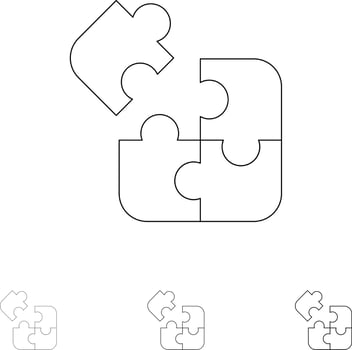 Jigsaw Puzzle Science Solution Bold and thin black line icon set vector