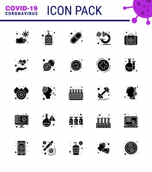 25 Solid Glyph Coronavirus disease and prevention vector icon kit virus capsule microscope bacteria viral coronavirus 2019nov disease Vector Design Elements