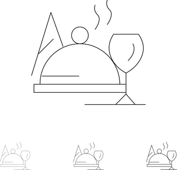 Hotel Dish Food Glass Bold and thin black line icon set vector