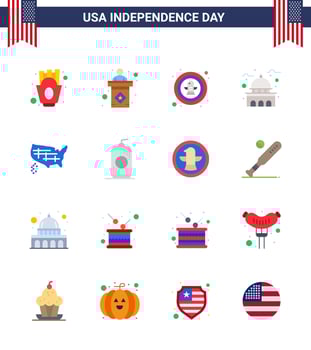 USA Happy Independence DayPictogram Set of 16 Simple Flats of white landmark american house badge Editable USA Day Vector Design Elements