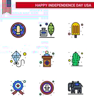 Happy Independence Day 4th July Set of 9 Flat Filled Lines American Pictograph of sign election cream usa summer Editable USA Day Vector Design Elements