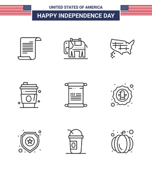 Set of 9 USA Day Icons American Symbols Independence Day Signs for american scroll states usa drink Editable USA Day Vector Design Elements