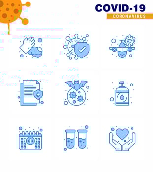 Corona virus 2019 and 2020 epidemic 9 Blue icon pack such as protect insurance airplane information virus viral coronavirus 2019nov disease Vector Design Elements