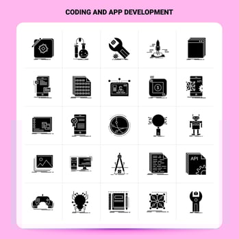 Solid 25 Coding And App Development Icon set Vector Glyph Style Design Black Icons Set Web and Mobile Business ideas design Vector Illustration