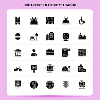 Solid 25 Hotel services And City Elements Icon set Vector Glyph Style Design Black Icons Set Web and Mobile Business ideas design Vector Illustration