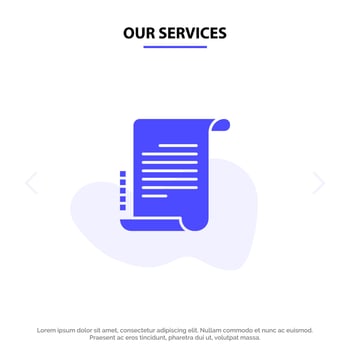 Our Services Decree Novel Scenario Screenplay Solid Glyph Icon Web card Template vector
