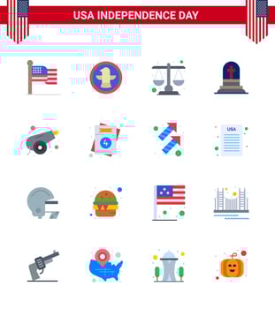 Happy Independence Day 4th July Set of 16 Flats American Pictograph of canon rip court gravestone death Editable USA Day Vector Design Elements