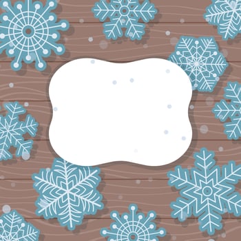 Winter card with blue snowflakes on wood background. Vector illustration. Template, flyer, banner.