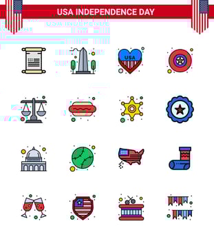 Happy Independence Day Pack of 16 Flat Filled Lines Signs and Symbols for justice star washington military usa Editable USA Day Vector Design Elements