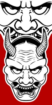 Big scary Japanese mask elements isolated on red background. vector