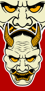 Big white Japanese scary mask elements isolated on red background. vector