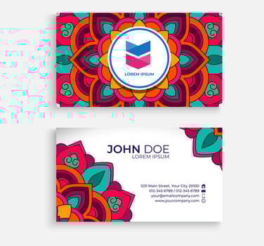 Embroidery style colorful mandala business card design. Bright floral ornamental elements, Indian, Asian, Arabic, Islamic, and ottoman motif. Vector illustration