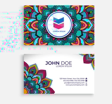 Embroidery style colorful mandala business card design. Bright floral ornamental elements, Indian, Asian, Arabic, Islamic, and ottoman motif. Vector illustration