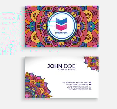 Embroidery style colorful mandala business card design. Bright floral ornamental elements, Indian, Asian, Arabic, Islamic, and ottoman motif. Vector illustration