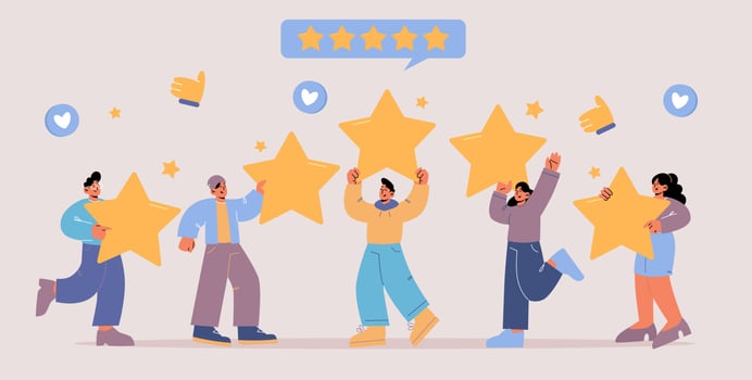 Feedback, customer review. People with gold stars vector