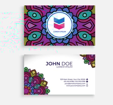 Embroidery style colorful mandala business card design. Bright floral ornamental elements, Indian, Asian, Arabic, Islamic, and ottoman motif. Vector illustration