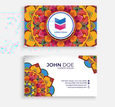Embroidery style colorful mandala business card design. Bright floral ornamental elements, Indian, Asian, Arabic, Islamic, and ottoman motif. Vector illustration