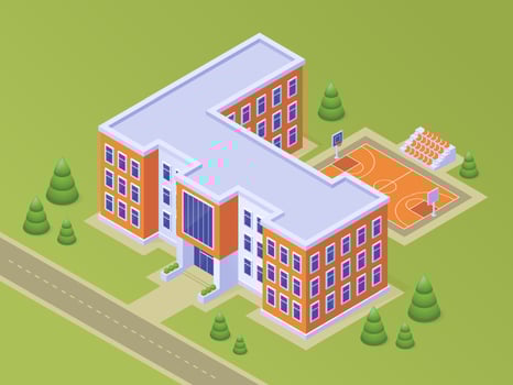 Isometric school building with basketball stadium vector