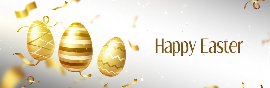 Happy Easter banner with gold eggs and confetti vector