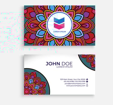 Embroidery style colorful mandala business card design. Bright floral ornamental elements, Indian, Asian, Arabic, Islamic, and ottoman motif. Vector illustration