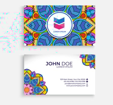 Embroidery style colorful mandala business card design. Bright floral ornamental elements, Indian, Asian, Arabic, Islamic, and ottoman motif. Vector illustration