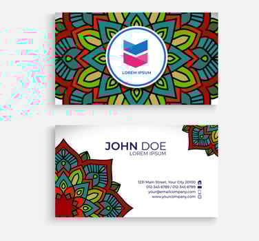 Embroidery style colorful mandala business card design. Bright floral ornamental elements, Indian, Asian, Arabic, Islamic, and ottoman motif. Vector illustration