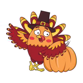 Cartoon funny turkey bird in a pilgrim hat leaned on a pumpkin for thanksgiving dinner vector
