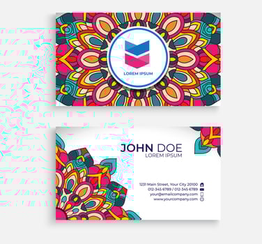 Embroidery style colorful mandala business card design. Bright floral ornamental elements, Indian, Asian, Arabic, Islamic, and ottoman motif. Vector illustration