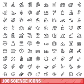 100 science icons set, outline style vector