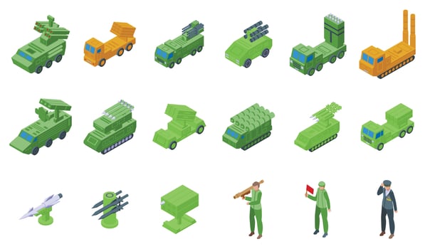 Anti-aircraft missile system icons set isometric vector. Truck gun vector