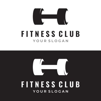 Creative dumbbell and barbell silhouette template logo. Dumbbells and barbells for gym, muscle training, club fitness, health, training. vector