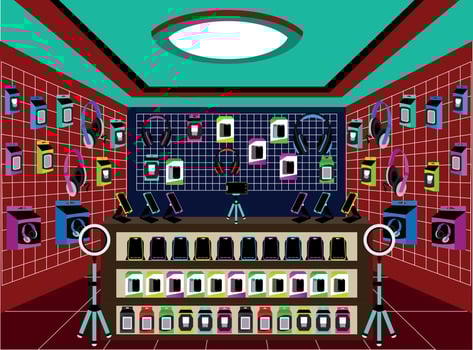 set of accessories and mobile phone in the counter vector