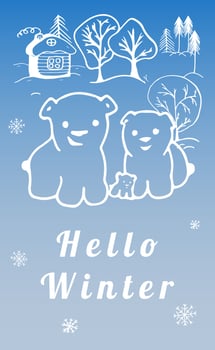 Polar bear family winter card with white outline. Blue color. Background with trees, village houseand, snowflakes, snowfall. Vector illustration.