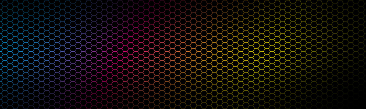 Modern high resolution cmyk geometric header with polygonal grid. Abstract colorful metallic hexagonal pattern. Simple vector banner