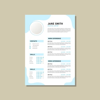 creative resume template with light blue wavy shapes design vector