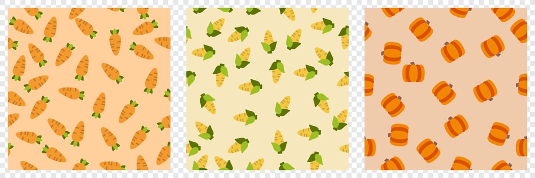Vegetable seamless pattern set. Carrot, corn and pumpkin. Design elements for baby textile or clothes. Food print for curtain. Vector illustration
