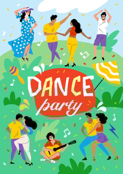 Funny people dance in nature. Dance festival in the park. The dancers move rhythmically, the guitarist sings a song. Summer dance party. Poster for Latin dances vector