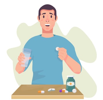 Man taking pills, tablets. Patient taking painkillers, antibiotics. Pharmacy, pharmacology concept. vector