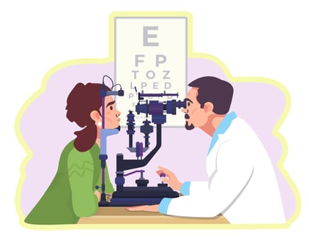 Ophthalmologist checking patient eyesight using slit lamp. Eye doctors, oculists. Appointment. Eye care. Checkup. Flat vector illustration.