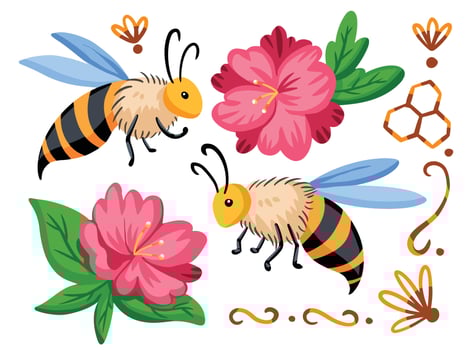 Illustration of bee animal insect. Two bees and two pink flowers with harmonic pleasing colours. Flying insect with flat art style vector illustration drawing on white background.