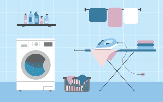 washing machine and ironing board in the bathroom vector