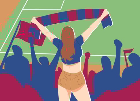 beautiful woman soccer fan holding scarf above stadium. back view. crowd of spectators. suitable for the theme of football, soccer, celebrations, fans, events, hobbies, etc. flat vector illustration