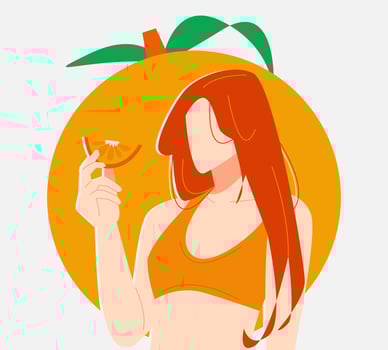 girl in orange dress holding orange fruit. orange background. suitable for the theme of fruit, food, health, nature, etc. flat vector illustration