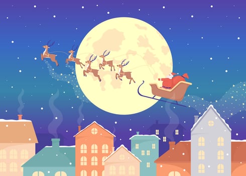 Santa Claus sleigh and reindeers flying above town flat color vector illustration. Xmas. Winter season. Fully editable 2D simple cartoon characters with festive Christmas atmosphere on background