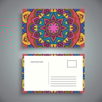 Postcard design template with arabesque floral mandala, Bright floral ornamental elements, Vector background template with ornamental mandala pattern design
