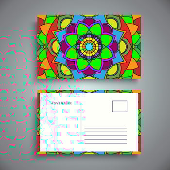 Postcard design template with arabesque floral mandala, Bright floral ornamental elements, Vector background template with ornamental mandala pattern design