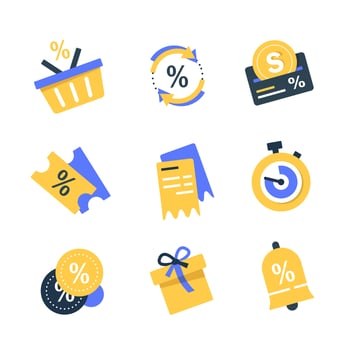 Loyalty card, incentive program vector icon set, earn bonus points for purchase, discount coupon, limited time period, cash back, redeem gift