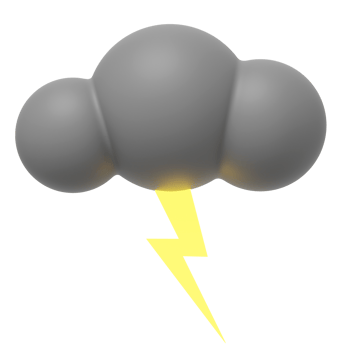 Gray cartoon cloud with lightning. 3D rendering. PNG icon on transparent background.